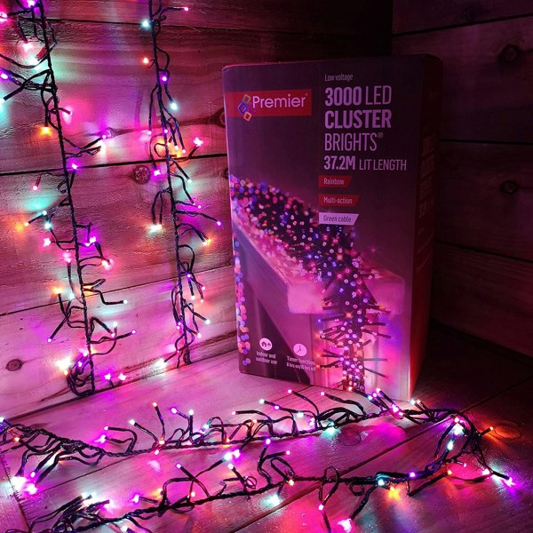 Samuel Alexander 3000 LED 37.2m Premier Clusterbrights Indoor Outdoor Multifunction Mains Operated Christmas Cluster Lights with Timer in Rainbow