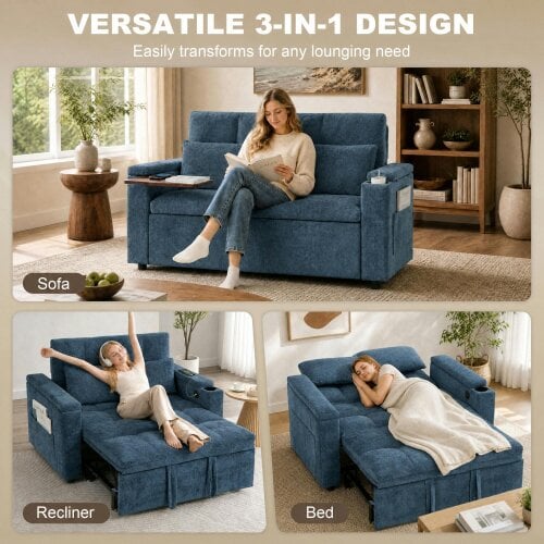 HOMCOM 2 Seater Sofa Bed with Armrest Storage, Side Pockets, Dark Blue