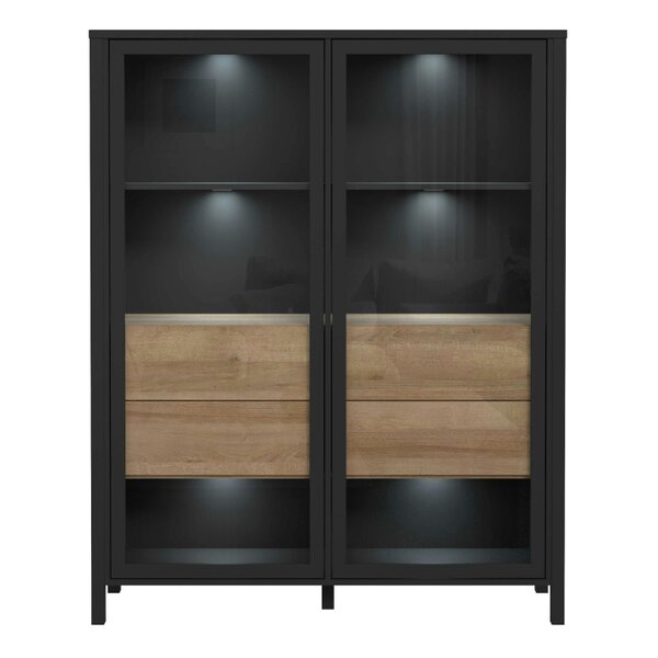 Wyld Haus Egtved Black and Natural Oak Wood Effect Large Wide Display Cabinet 2 Doors 4 Drawers