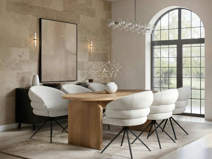 SOLACE+CO Varm Wooden Ribbed Dining Table with 4 Eira Chairs Set - White & Oak - 6