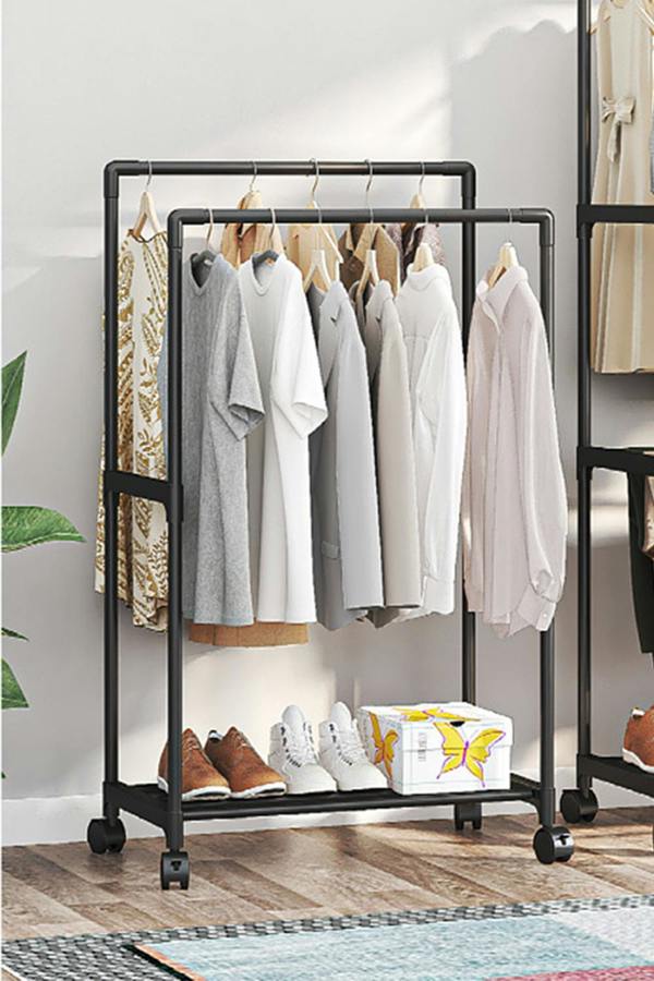 Living and Home 2 Rod Metal Clothes Rack Garment Rack on Wheels with Shoes Rack 57.5 x 115 CM