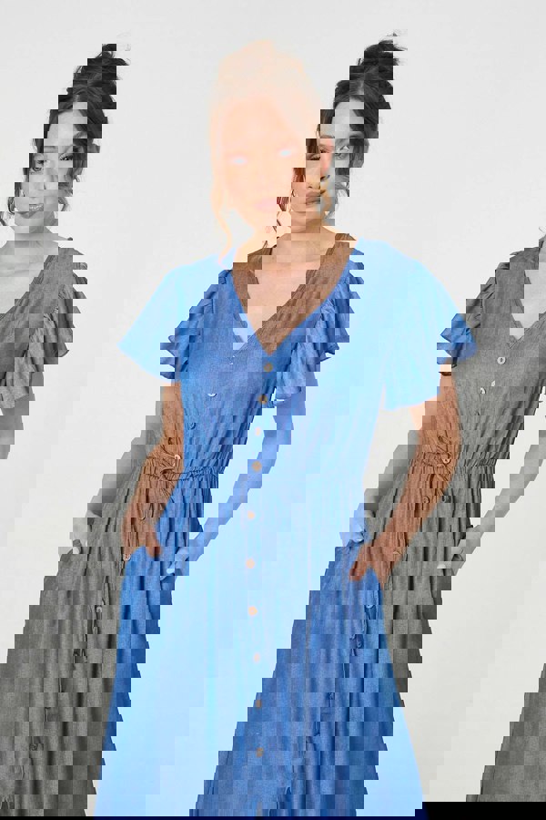 Blue | Short Sleeve Drawstring Waist Midi Dress
