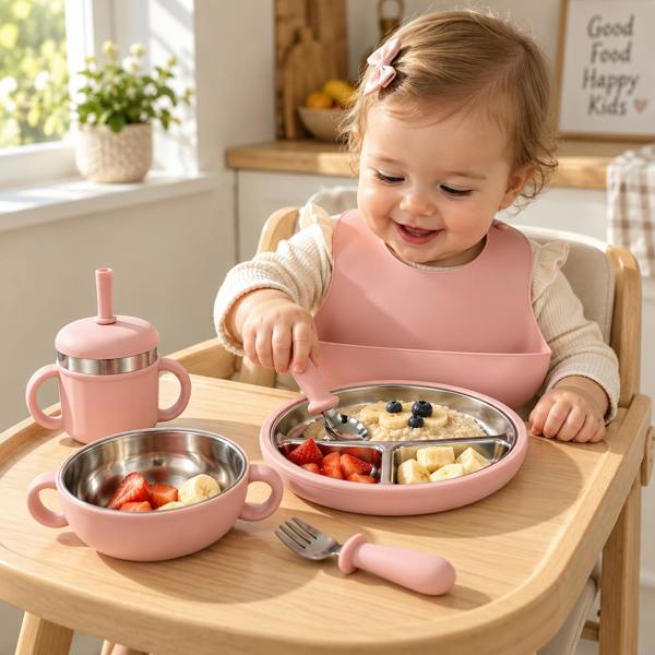 Maison des Cadeaux Baby Feeding & Weaning Set with Stainless Steel Plate, Bowl, Bib, Cup & Cutlery - Pink