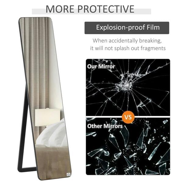 Black full-length mirror with shatter-resistant protective film