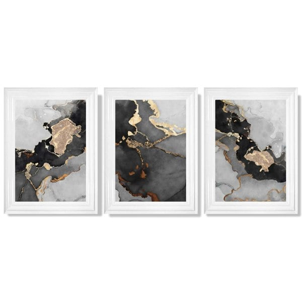 Artze Wall Art Framed Set of 3 Abstract Art prints of Paintings Black Grey and Gold
