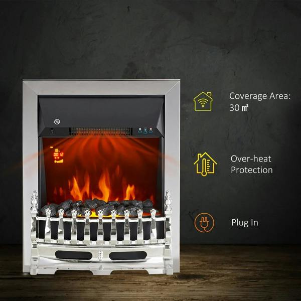 Silver electric fireplace insert with glass front showing LED flames over black coals
