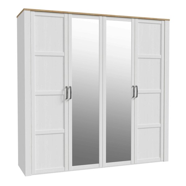 Wyld Haus Geneva White Oak 4 Door Wardrobe with Mirrors Hanging Rails and Shelves