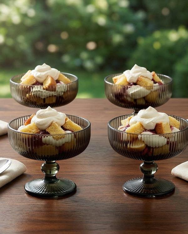 Set of grey glass dessert bowls on a wooden surface with a white background