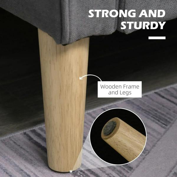 Wooden sofa legs and sturdy frame detail on grey two-seater upholstery