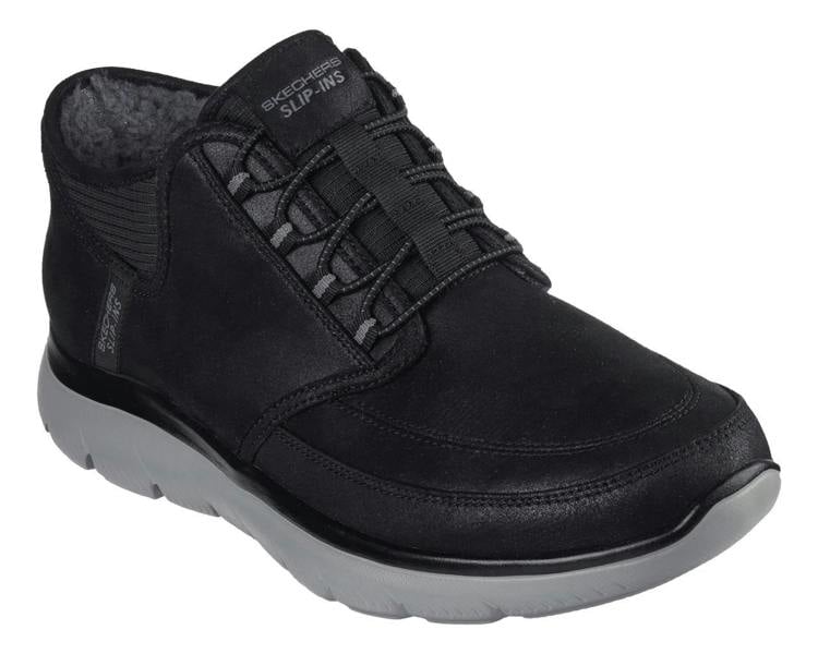Skechers Summits Siegul Mens Slip-Ins Casual Smart Ankle Chukka Boots, black leather sneakers with lace-up closure and cushioned white sole.