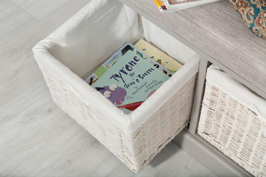 Statement Furniture Tetbury Bench with 3 White Wicker Baskets and Cushion, Assembled Hallway Storage