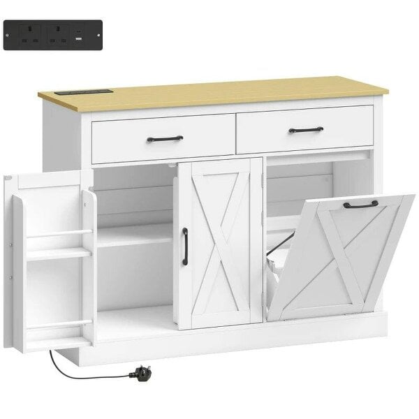 Tilt Out Trash Cabinet with Charging Station, Kitchen Island with Storage, 57 Liter Hidden Rubbish Bin Storage, White