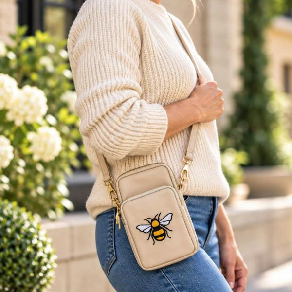 Fores Collection Embroidered Bumble Bee 3 Zip Crossbody Phone Bag - Taupe