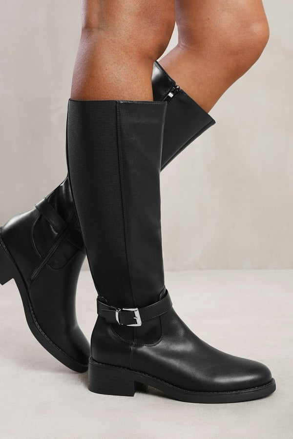 Where's That From Micah Knee High Boots With Buckle Detail in Black Faux Leather