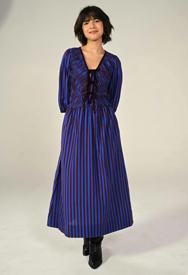 Rose & Nancy Isla Hand Smocked Blue And Burgundy Stripe Midi Dress