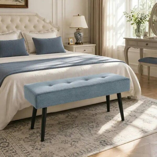 Upholstered Bedroom Entryway Bench, Modern Corduroy Tufted End of Bed Bench with Padded Seat and Steel Legs, Blue - Blue