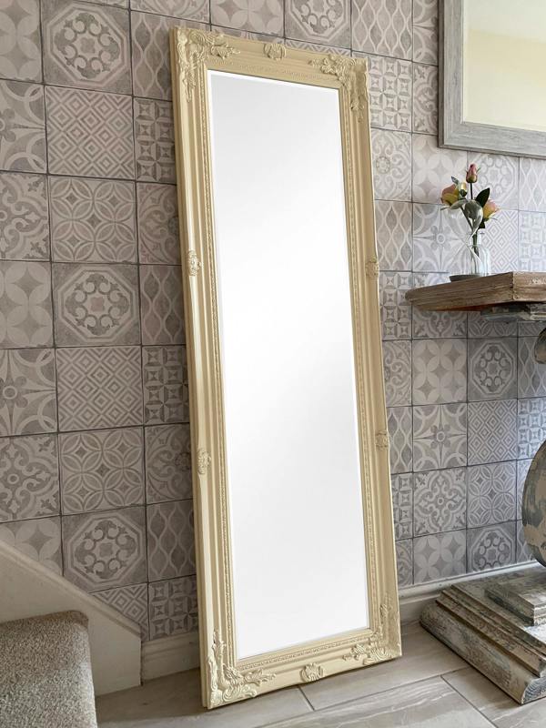 Downton Interiors Antique Style Cream Tall Ornate Dressing Wall Mirror with Bevelled Glass 142cm