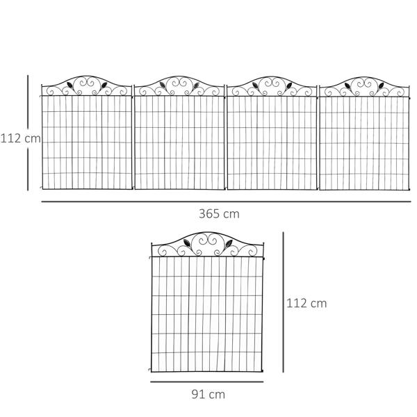 Black metal wire fence set diagram showing four panels and one smaller panel for corners
