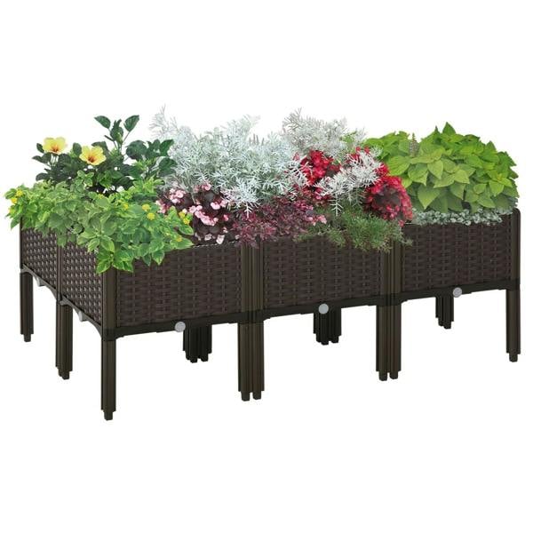 Brown raised garden bed planter set with woven rattan-look sides and tall legs