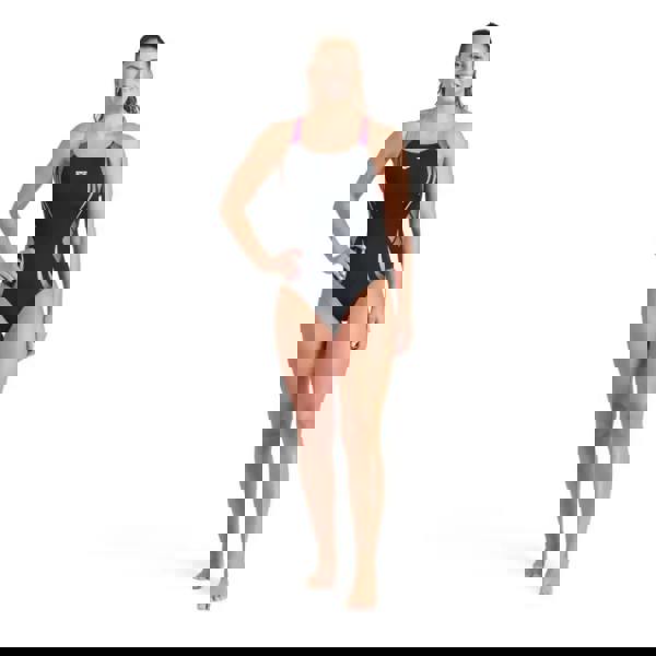 Black and pink Arena Poseidonia Swim Pro swimsuit with silver accents