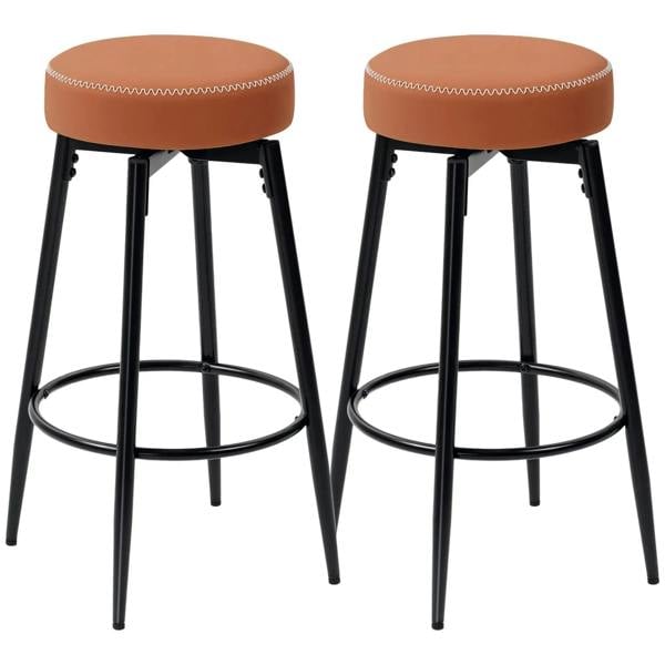Set of two brown faux leather bar stools with black legs and footrests