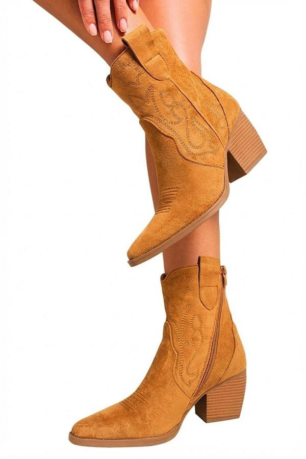 Laura Suede Cowboy Ankle Length Boots - Camel_wb
