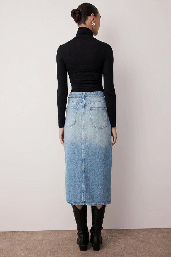 WOVCOR Button Front Split Midi Denim Skirt