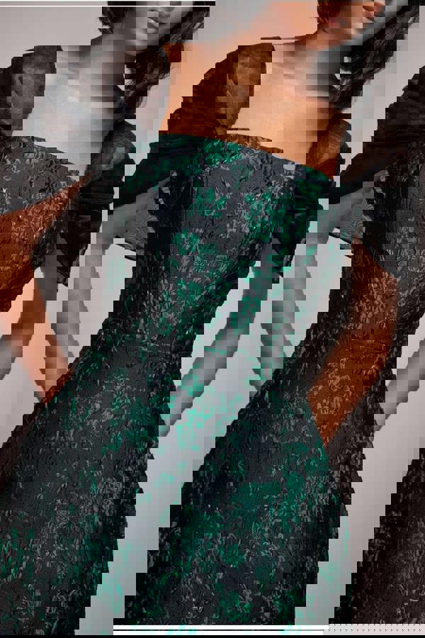 Lace Up Jacquard Mini Dress With Organza Wings - Emerald Black DR4781