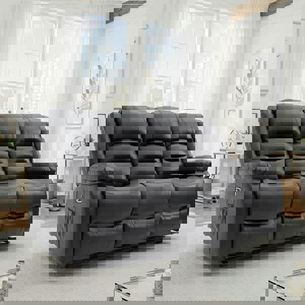 Furnishings For Less Arlo Leather Like 3 Seater Electric Reclining Sofa With USB + Drinks Tray