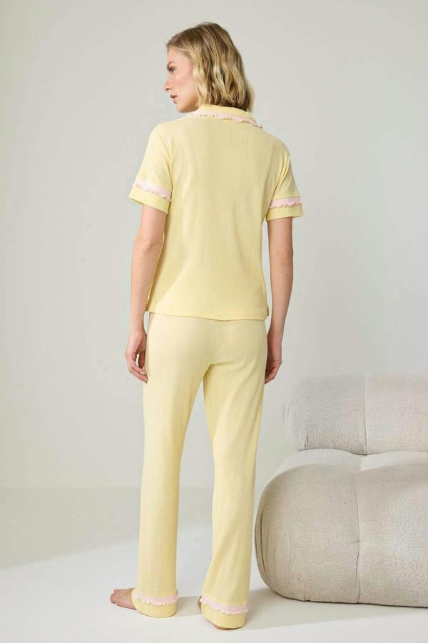 Shirt Collar Long Sleeve Frill Detail Pyjama Set