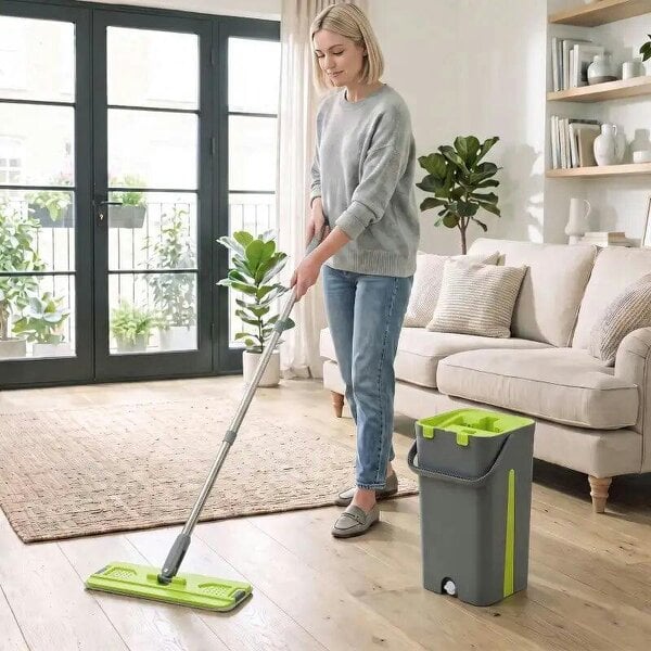 Bobobiy Mop and Bucket Set, Compact Flat Mop System with Wringer, 2 Chambers, 5 Reusable Pads, Dark Grey and Green