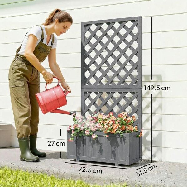 Wood Planter with Trellis for Climbing Plants, Raised Bed, Planter Box with Drainage Holes to Grow Herbs Flowers, Grey
