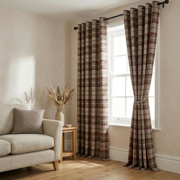 Trinity made-to-measure curtains in Mulberry, styled in a living room
