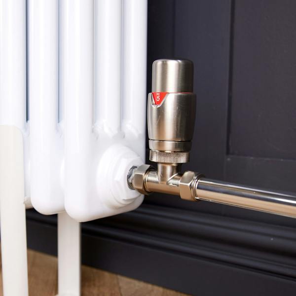 Flode Straight Round Thermostatic Radiator Valve Pack | 15mm x 1/2" | Brushed Steel