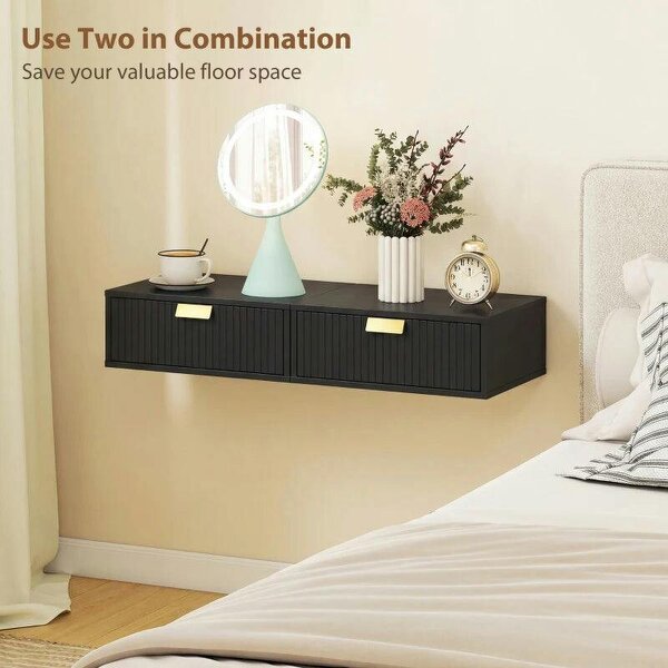 Modern Floating Nightstands Set of 2, Wall Mounted Bedside Tables with Wave Drawer Black