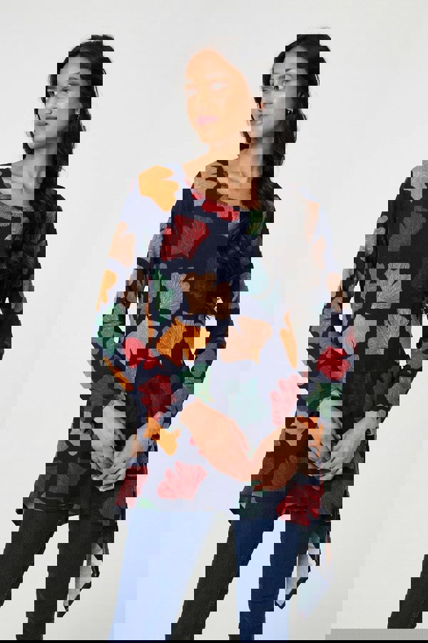 Navy | Leaf Print High Low Tunic Top
