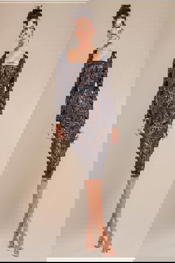 Sequin Square Neck Bodycon Midi Dress With Scalloped Hem - Black DR4123