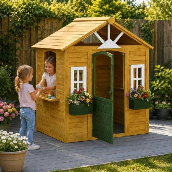 Outdoor Kids Playhouse, Wooden Wendy House with Door, 3 Windows, 2 Flower Boxes for Garden, Indoor Playroom - Brown