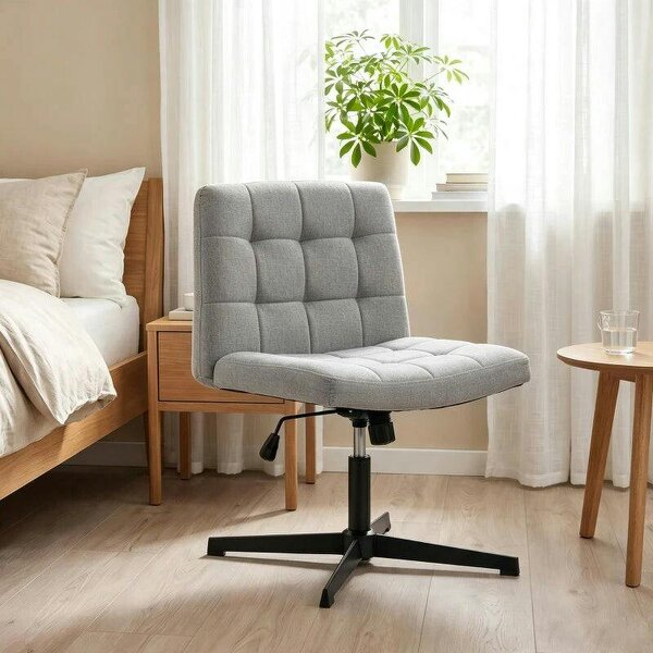 Armless Office Chair, Cross Legged Linen Computer Desk Vanity Chair with Wide Seat, Rocking Function, Grey