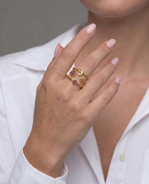 Elk & Bloom Chunky Star, Moon & Sun Gemstone 14K Gold Ring