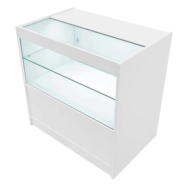 White LED shop counter set featuring glass display shelves, sleek modern design, and illuminated interior for showcasing products