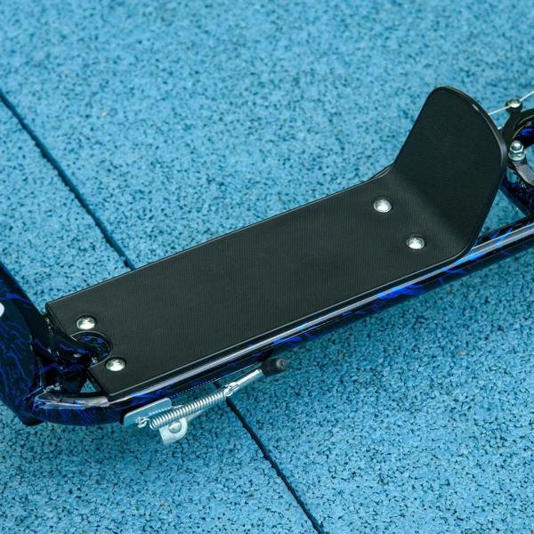 Close-up of black non-slip scooter footplate with mounting bolts and frame