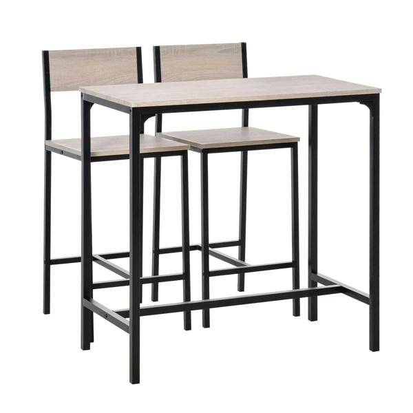 Bar-height dining table with two stools, light wood top and dark metal frame