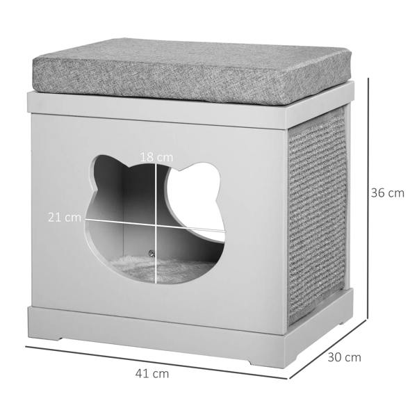 Grey and white cat house cube bed with cat-shaped entry and textured sisal side panels
