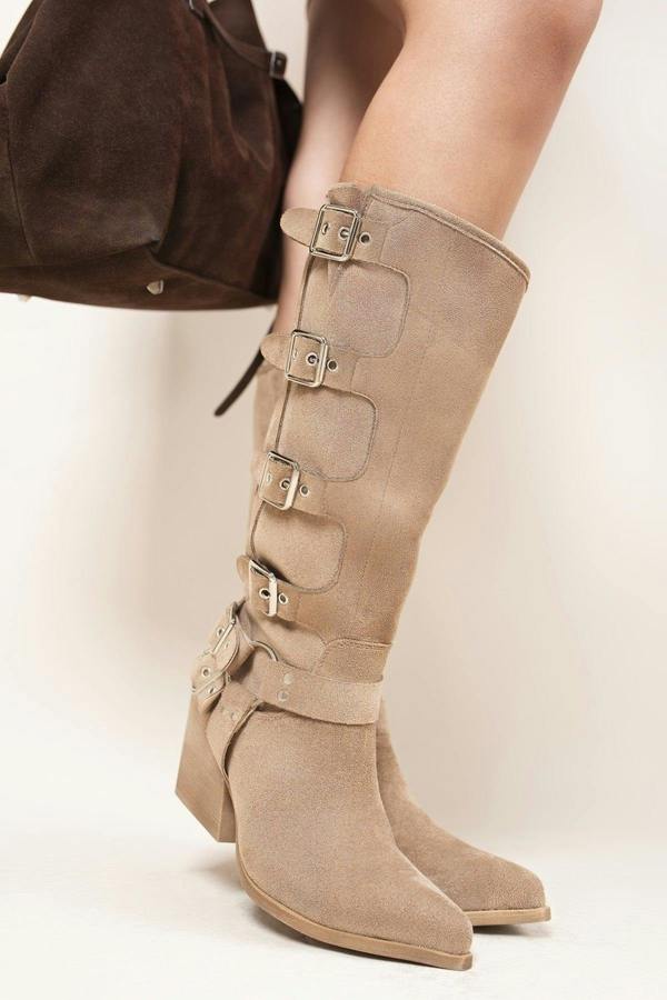 Ornella Block Heel Knee High Boots With Buckle Strap Detail - Khaki/Tan