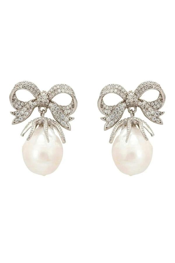 Baroque Pearl Ribbon And Bows Drop Earrings Silver - LATELITA Earrings