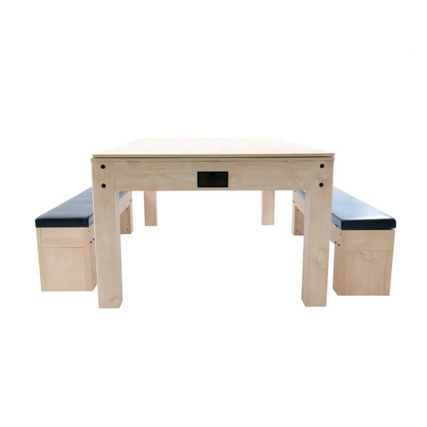 7-in-1 games table in oak finish with two matching storage benches featuring black cushioned tops for comfort and utility