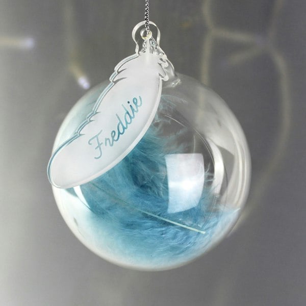 Personalised Memento Company Personalised Blue Feather Glass Bauble