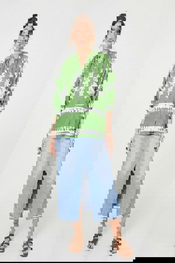 Green | Ikat Print 3/4 Sleeve Relaxed Blouse
