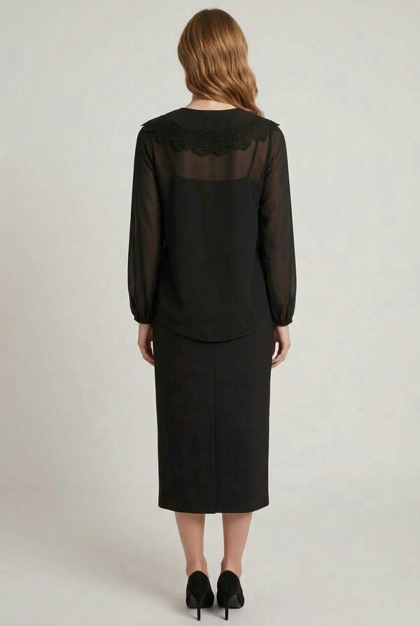 Izabel London Lace Trim Collared Semi Sheer Shirt